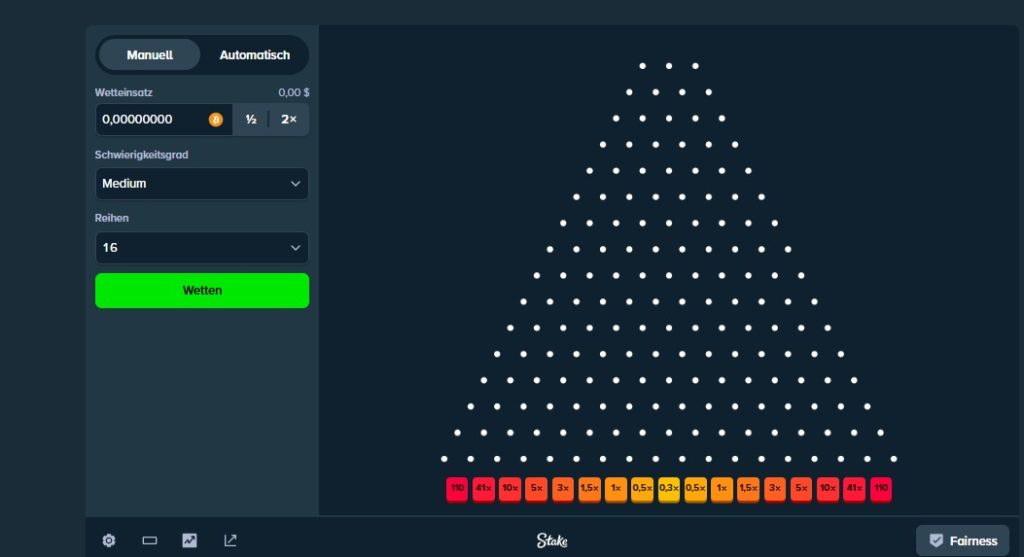 Stake Plinko Spieloberfläche Schweiz mit Risikostufen und 16 Reihen